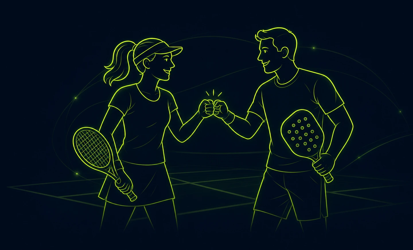 A woman with a tennis racket and a man with a pickleball paddle share a friendly fist bump before a game.